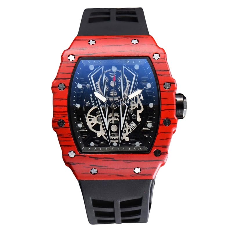 Image of Richard Hot-Selling Colorful Wood Grain Bull Style Barrel-Shaped Fashion Watch - Large Dial Pointer, Stainless Steel, PU Strap, Alloy Case, Black Color
