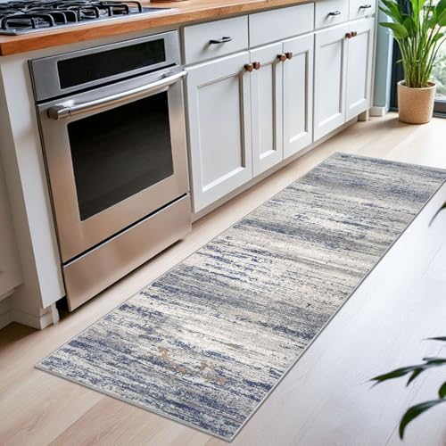 KOZYFLY Modern Abstract Washable Rug Runner 2x6 Runners for Hallways Non-Slip Soft Kitchen Runner Rugs, Print Distressed Grey-Blue Striped Carpet Runner for Entryway Bathroom Laundry Room Foyer