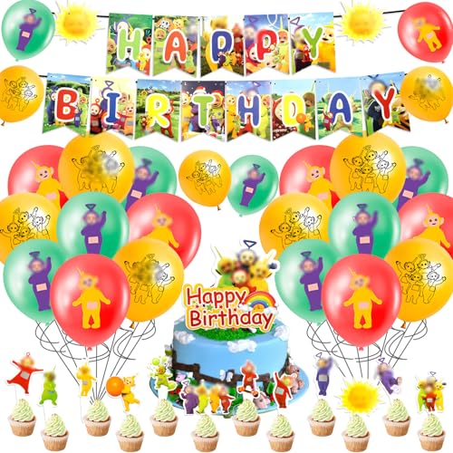 44PCS Tele-tu Baby Birthday Decorations Balloons Cake Toppers with Happy Birthday Banner Party Decorations for Kids Boys Girls
