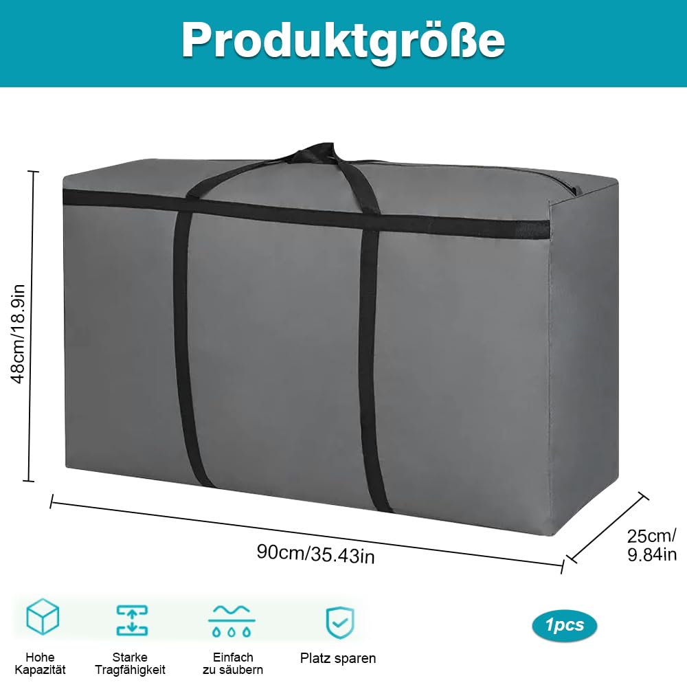 Super duża torba do przechowywania, 120 l, pojemnik do przechowywania, 600D, trwała torba do przenoszenia, torba kempingowa na pościel, kołdry, ubrania, poduszki, organizator podróżny (szara)