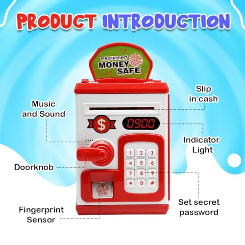 Image of Piggy Bank Toy for Kids and Adults - Gullak Money Safe with Number Password and Touch Sensor - Money Saving Mini ATM Toy with Lights and Sound (Red -White)