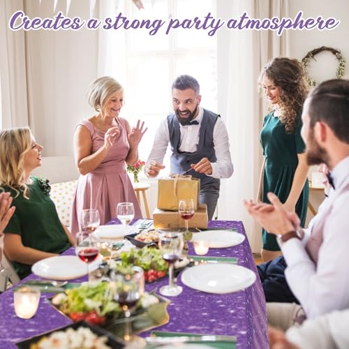 Image of Ganeen 3 Pcs Purple Tablecloths Glitter Sparkling Disposable Plastic Table Cover Sequin Printed Rectangle Tablecloths for Girl Women Birthday Wedding Party Decor Supplies, 54 x 108 Inch