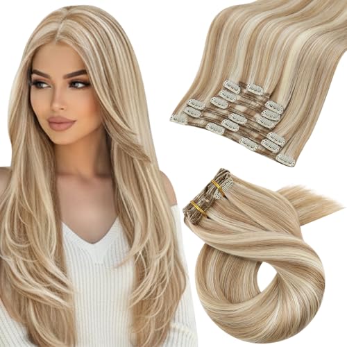 Moresoo Clip in Hair Extensions Real Human Hair Blonde with Brown Highlights Clip ins Human Hair Platinum Blonde with Medium Brown for Long And Straight 120g/7cps 22 inch
