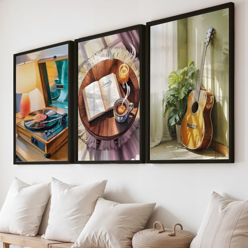 Image of NoWorries Modern Aesthetic Wall Art Framed Painting Set of 3 | Vintage Record Player, Coffee Book & Acoustic Guitar Prints with Frame | Cozy Lifestyle Music Decor Frames for Living Room, Bedroom and Studio, Minimal Contemporary Framed Artwork Ready to Hang (Art-8, 21x31inch, Wooden)