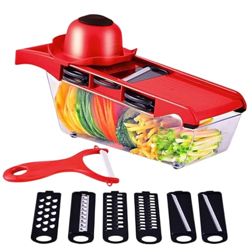Bivoyud 多功能切菜器 千切りスライサー 野菜カッター 角切り薄切り 細せんキッチンスライサー 多機能 野菜調理器セット 水切り 滑り止め すりおろし器セット キッチン用品セット (レッド)