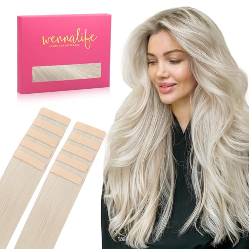 Image of WENNALIFE Tape in Hair Extensions Human Hair Platinum Blonde Tape in Extensions, 10pcs 30g 20 inch Remy Invisible Tape Ins Straight Soft Real Human Hair Tape in Extensions Refill Set Extensions