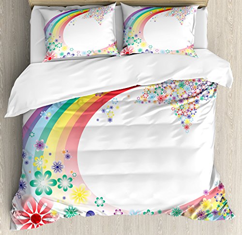 Ambesonne Abstract Duvet Cover Set, Abstract Nature Fantasy Spring Floral Rainbow Stars Flowers