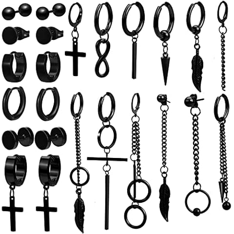 ONESING 24-25Pcs Earrings for Men Black Stud Earrings Dangle Earrings Thin Hoop Earrings Stainless Steel Earrings Set Jewelry Piercings for Men (25PCS) Cover