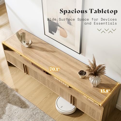 Image of AMERLIFE Modern TV Stand for TVs up to 80 inch, 70 inch Fluted TV Console with Storage Cabinets, Wood Entertainment Center Media Console for Living Room, Natural Oak