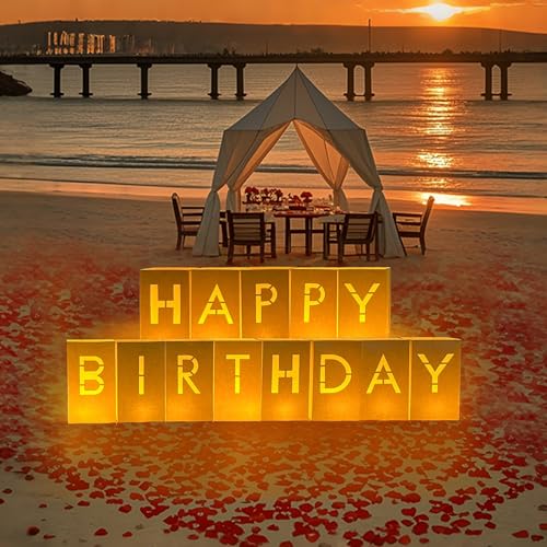 Image of Happy Birthday Decorations -Happy Birthday Light Up Sign Letters with Tea Lights and Rose Petals, Happy Birthday Decoration for Women Men, Special Festival Romantic Birthday Decorations, Surprise Gifts Banner for Women and Men