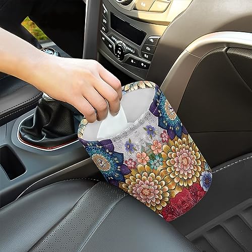 Image of Boho Flowers Car Trash Can Waterproof Auto Vehicle Garbage Organizer Bag Hanging Car Waste Basket Holder for Front Seat Back, Seat, Floor, Headrest