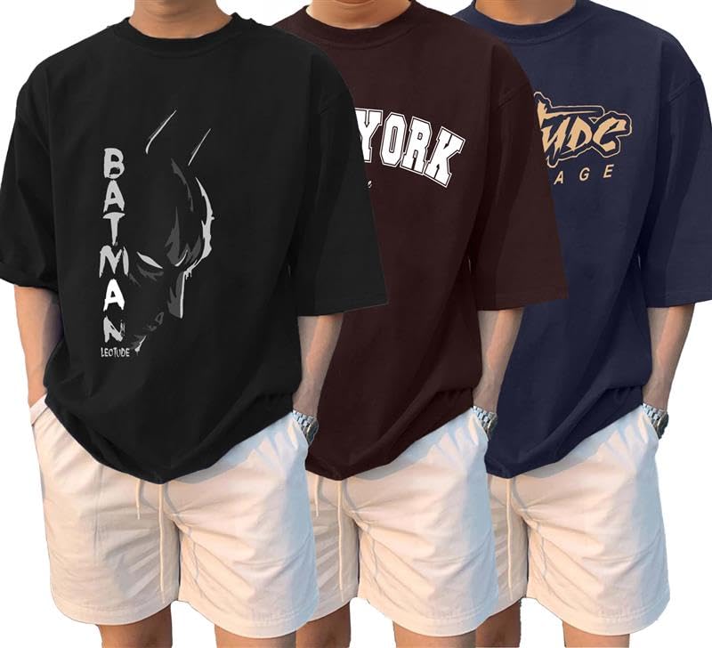 Image of LEOTUDE Half Sleeve Oversized Cottonblend Round Neck Drop Shoulder Printed Men's T-Shirt (Color Black)