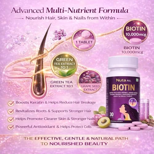 Image of Biotin Hair Growth Hair Vitamins Hair Skin Nails Supplement Hair Fall Support Hair Strength Skin Glow Nail Health Folic Acid Vitamin E Amino Acids Grape Seed Extract Green Tea Extract Antioxidant Beauty Supplement Men Women Nutraceutical, 90 Tablets, Pack of 3