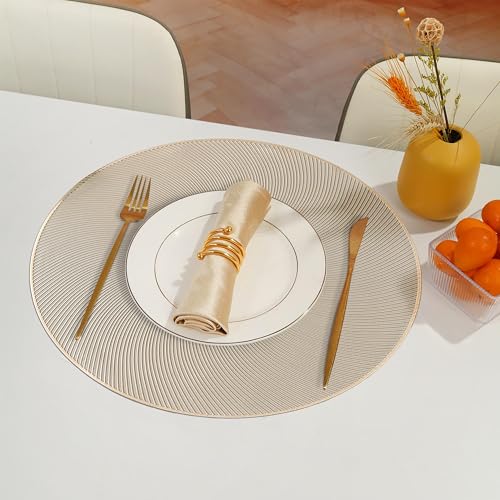 Image of Yellow Weaves 2 Pcs PVC Round Table Placemats, Dining Table Mat, Stain Resistant, Anti-Skid, Waterproof, Washable, Dining, Kitchen, Restaurant Table Set Easy to Clean, Durable (Spiral Golden)