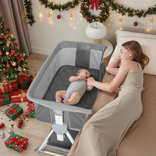 Cowiewie Bassinet Bedside Sleeper,Baby Bassinet with Air-Fiber Washable Mattress & 7-Adjustable Height,Foldable Bedside Bassinets for Baby with 360°Breathable Mesh,Bassinet with Wheels & XL-Storage