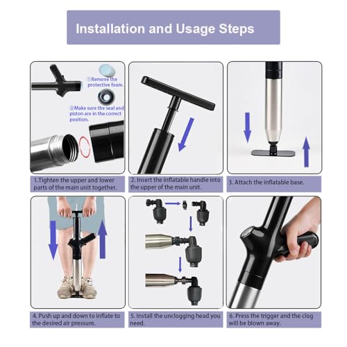 Image of High Pressure Air Pump Plunger for Toilet,Air Drain Blaster,Toilet Plunger,Clog Remover,with Toilet Brush Set and Drain Snake (blue)