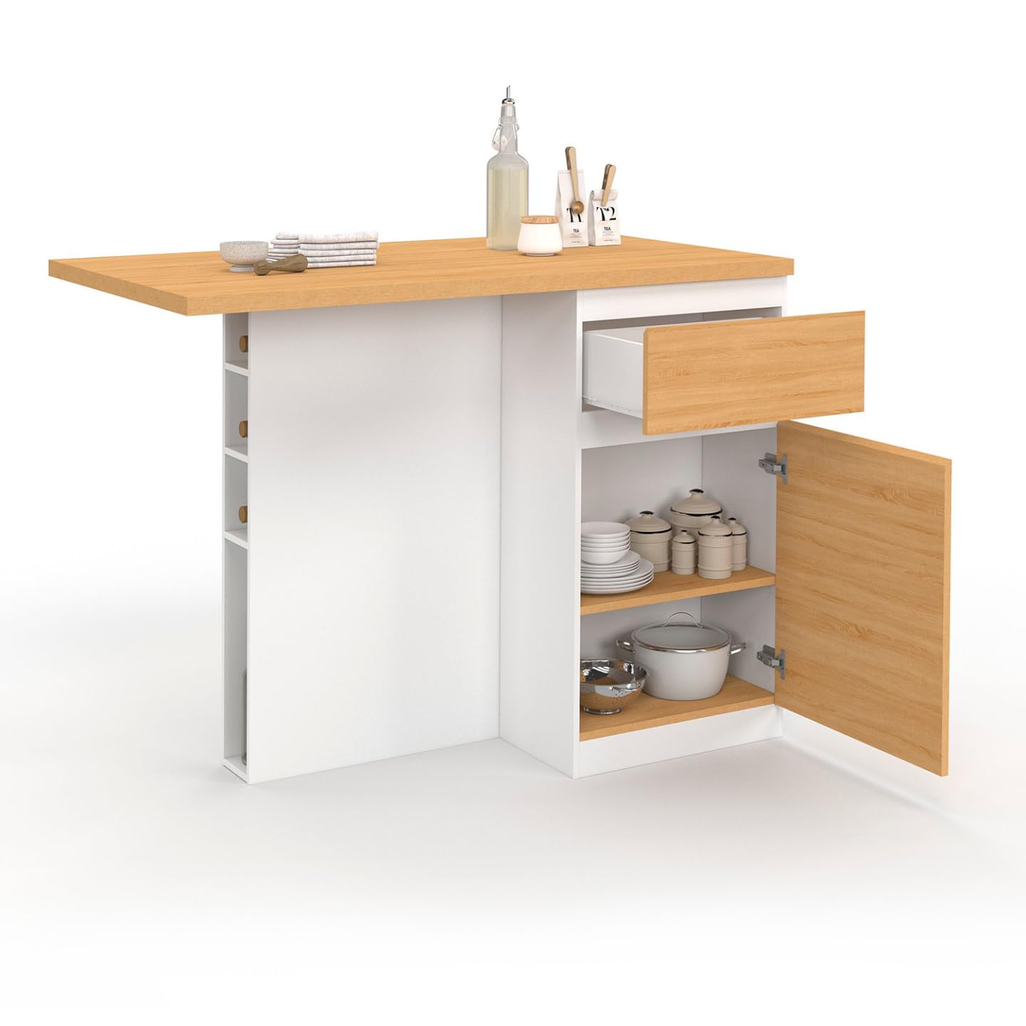 IDMarket - Ilot Central Tino 120 cm avec Range-Bouteilles 4 Personnes Bois Blanc avec Plan de Travail façon hêtre