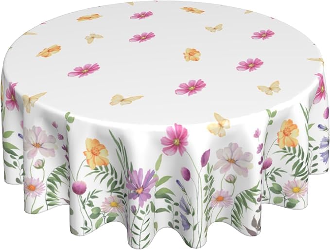 AGAYNA Spring Tablecloth Round 60 Inch Seasonal Wild Flowers Table Cloth,Stain Resistance Polyester Summer Floral Butterfly Table Covers for Kitchen