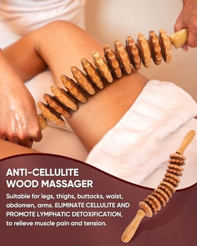 ONUEMP Cellulite Roller for Legs, Wood Therapy Massage Tools Maderoterapia Kit, Muscle Roller Stick Fascia Massager, Lymphatic Drainage & Body Sculpting for Thigh Butt Stomach Waist Back, Curved