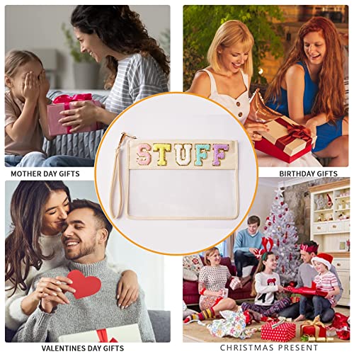 Abandship Chenille Letter Clear Bag, Stuff Pouch Varsity Bag Nylon Cosmetic Zipper Pouches Makeup Bags Travel Tote For Women Girls (Off White) #TOP6