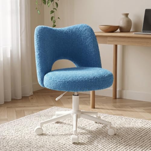 Image of DurayLoly Vanity Chair with Wheels,Soft Teddy Fabric 6 inch Thick Cushion, Height Adjustable 17.5 inch-21.5 inch, Open Back, 360 Swivel for Vanity Table, Home Office Dark Blue