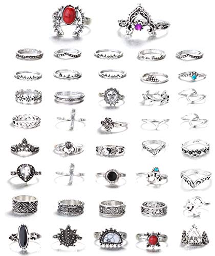 FIBO STEEL 42 Pcs Vintage Knuckle Rings for Women Stackable Midi Finger Ring
