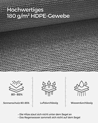 SONGMICS Sonnensegel 3 x 5 m, Sonnenschutz aus HDPE-Gewebe, luftdurchlässig, wasserdurchlässig, für Terrasse, Garten, Balkon, Camping, rechteckig, konkav, 2 m Seile, rauchgrau GSS35GY 3