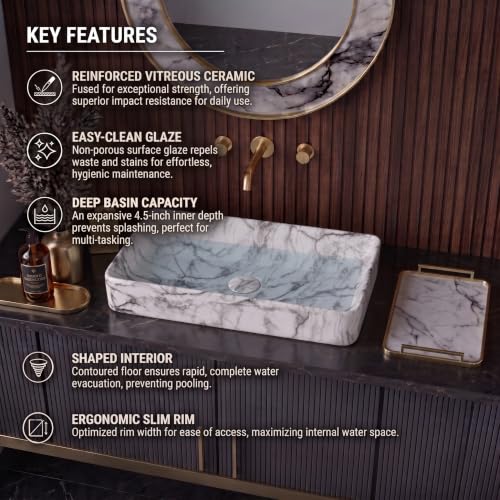 Image of Wash Basin Countertop | Tabletop Ceramic Bathroom Sink | Wash Basin Over Counter (Designer White Grey, 24 x 14 x 5 Inch)