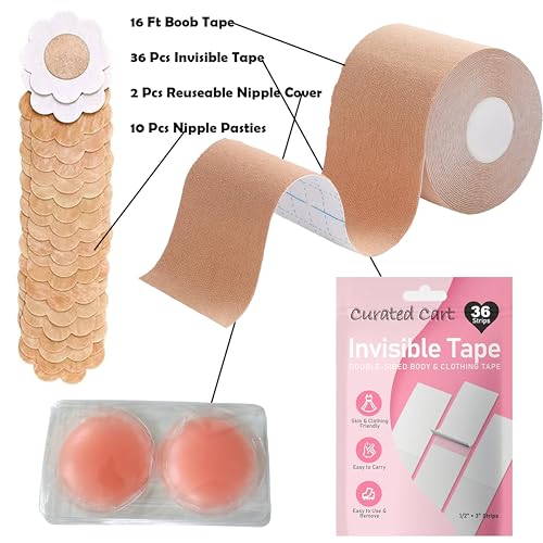 Image of CURATED CART Boob Tape for Women - 49 PCS Breast Lift Kit with Body Tape, Boob Tape, Reusable Nipple Covers, Pasties, Double-Sided Tape - Invisible Bra for Backless & Plunge Dresses