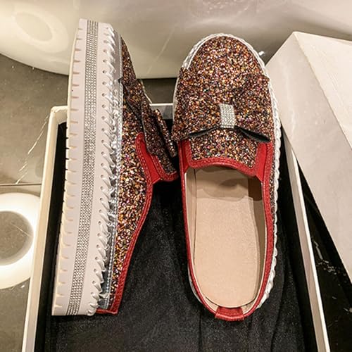 Women Sparkly Rhinestone Slip On Flats Bowknot Thicken Bottom Flats Round Toe Stitch Platform Fashion Casual Shoes4