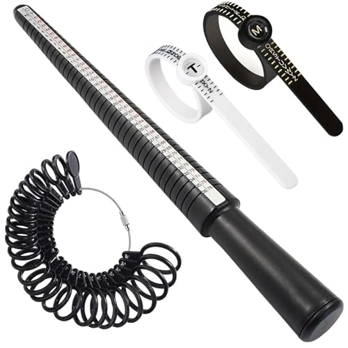 Plastic Ring Sizer Gauge Tool Set UK Finger Sizing Measurer Loop Jewelry Ring Mandrel Measuring Stick and 2 PCS A-Z UK SIze Reusable Finger Size Tape with Magnified Glass for Women Men