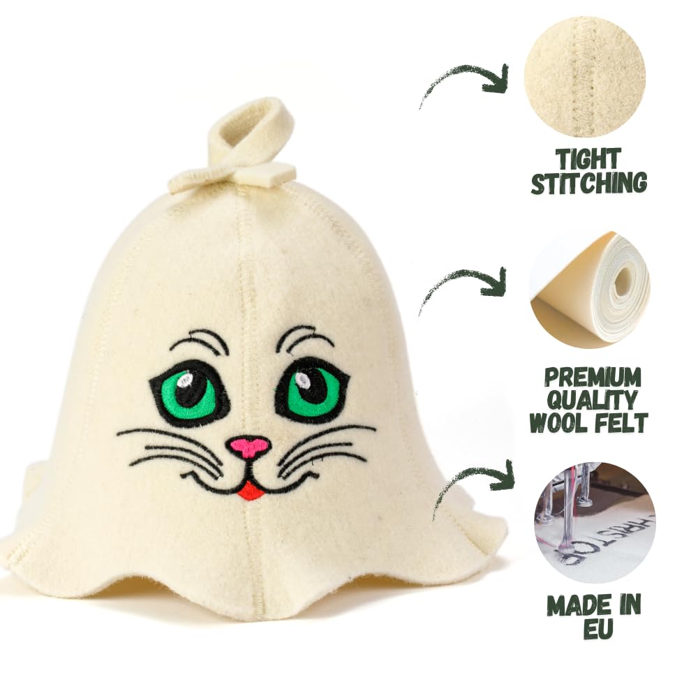 Tkaniny naturalne Sauna Hat 'Sauna Kitten' White - 100% Organic wełniane kapelusze dla rosyjskiej Bania - Protect Your Head od ciepła - English Sauna eBook Przewodnik w cenie - z haftem