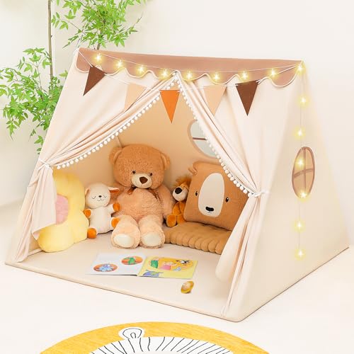PIIKAGO Kids Tent Indoor with Star Lights and Flags - Play Tent for Kids Ages 4-8, Toddler Playhouse for Girls Boys, Brown