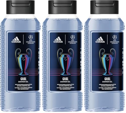 adidas UEFA GOAL Edition Gel Douche 250ml – Patchouli & Eucalyptus, Formule Vegan, Adapté aux Peaux Sensibles (Lot de 3)