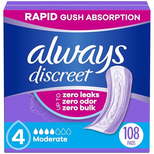 Image of Always Discreet Adult Incontinence Pads for Women, Moderate Absorbency, Regular Length, Postpartum Pads, 108 CT (Packaging May Vary)