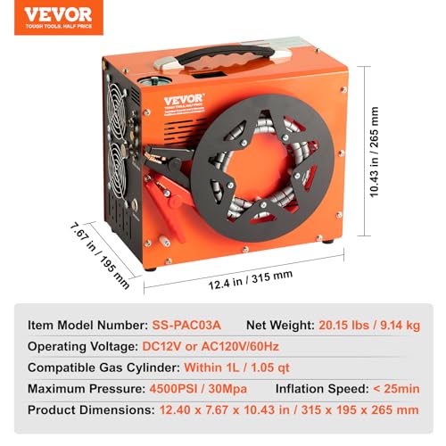 VEVOR PCP Air Compressor, 4500PSI/30Mpa Portable PCP Airgun Compressor with Built-in Power Converter, Auto-Stop | DC12V/AC120V | Oil & Water-Free Air Rifle, Paintball and Scuba Tank Compressor Pump - image 8