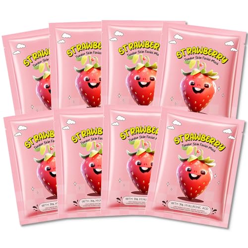 AMY'S DIARY 8 PCS Real Hydrating Nature Face Masks Skincare, Hyaluronic Acid, Vitamin C and E, Chamomile, Korean Beauty Essence Facial Paper Sheet Mask for Skin Care Moisturizing (Strawberry)