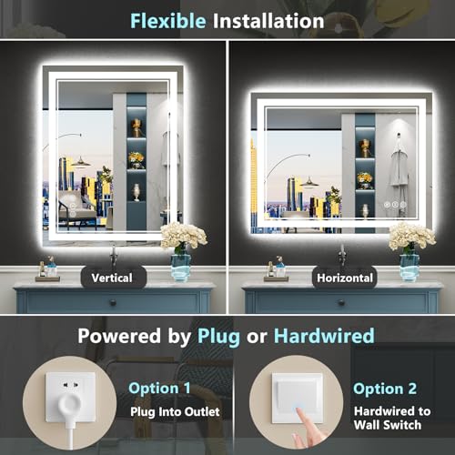 Image of 30x36 LED Bathroom Mirror with Lights, Backlit and Front Lit Anti-Fog Lighted Vanity Mirrors for Bathroom Wall, Dimmable, 3-Color Light, Memory, Shatter-Proof, HD Tempered Glass, CRI>90