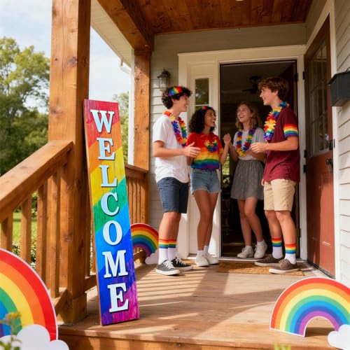 Image of Vertical Wooden Rainbow Welcome Porch Sign,Rustic Porch Standing Sign,Decorative Plaques for Front Door,Farmhouse Style Outdoor Indoor Welcome Decoration-47.2 inch H