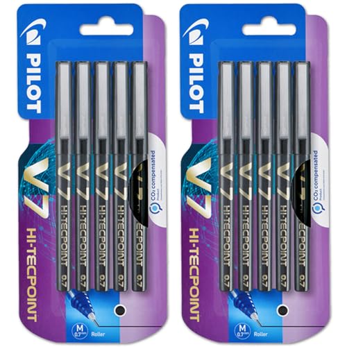 PILOT V7 Hi-Tecpoint Rollerball Pen - Liquid Ink - Medium 0.7mm Nib - Black Ink - Blister Packs of 10 Pens