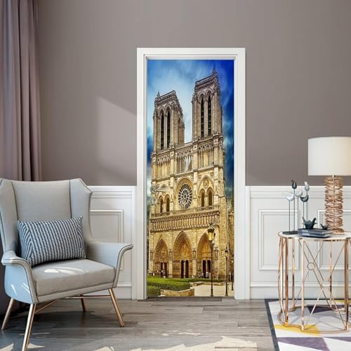 Pegatinas Puerta 3D Notre Dame de París Pegatinas para Puertas de Edificios Famosos Vinilo Decorativo Pegatina Pared Mural para Puerta Autoadhesivas Papel Pintado Puerta 90x200 cm B-4426
