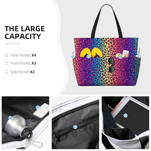 Large Beach Bags for Women Sandproof - Leopard Neon Rainbow Print Summer Work Travel Tote Bags with Zipper3