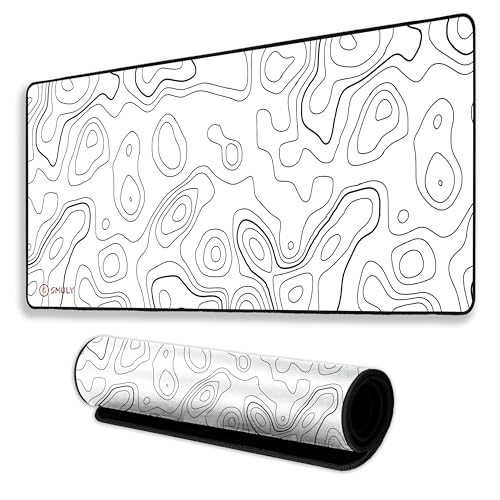 Image of White Contour Line Mouse Pad 18x36 Inch 3mm Extended Gaming Desk Mat with Anti-Slip Rubber Base Mousepad for Smooth Surface Desk pad for PC & Laptop Use Waterproof & Stiched (Black /White)Deskpad