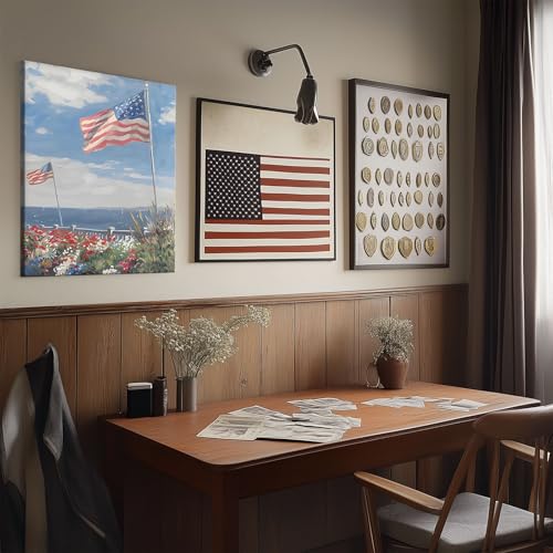 Image of Memorial Day Canvas Wall Art, Seaside American Flag Print, Patriotic Coastal Landscape with Flowers and Sky Vintage Framed Oil Painting, Independence Day Summer Beach House Wall Decor 8x10inch
