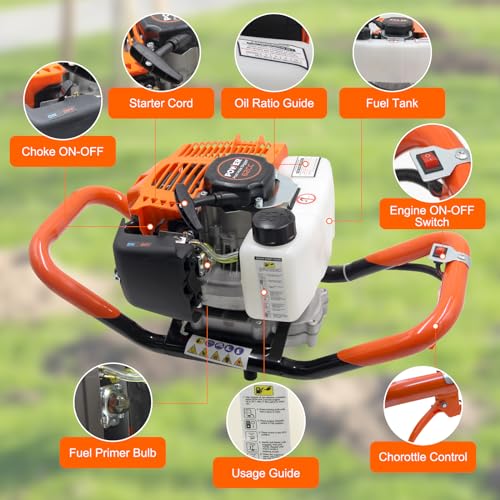 Image of 62CC Newly Upgraded Post Hole Digger Gas Powered, 2 Stroke Auger Post Hole Digger with 2 Drill Bits (6 inch & 8 inch) + 1 Extension Rod for Planting - Ideal for Farm & Garden - Orange (62 CC)