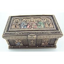 Cold Cast Bronze 4 7/8 Inch Jesus Christ Saint Peter St Paul Icon Relic Rosary Trinket Box
