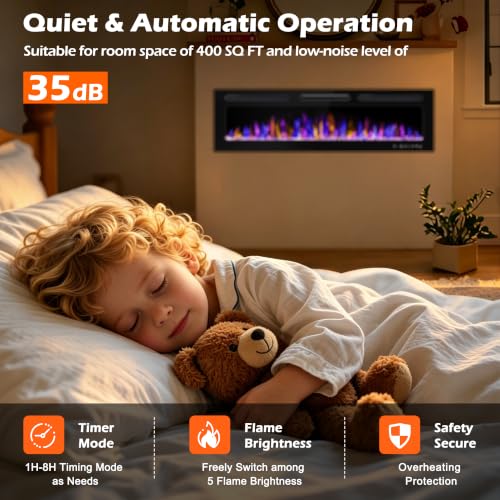 Image of BETELNUT 60 inch Electric Fireplace Wall Mounted and Recessed with Remote Control, 750 /1500W Ultra-Thin Wall Fireplace Heater W /Timer Adjustable Flame Color and Brightness, Log Set & Crystal Options