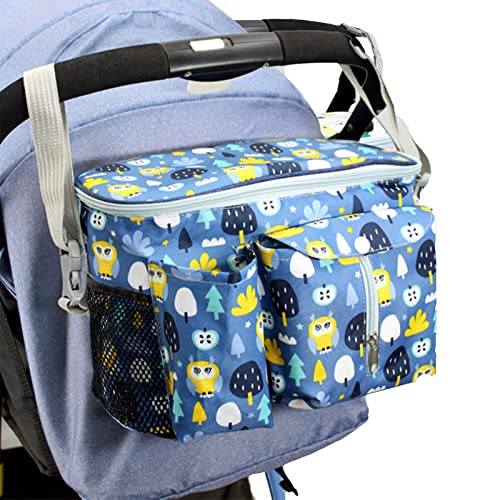 Lakpopya Bolsa de cochecito con gancho para cochecito Organizador Alta capacidad de cochecito con portavasos aislado Correa para el hombro Compartimento para toallitas húmedas (Azul)