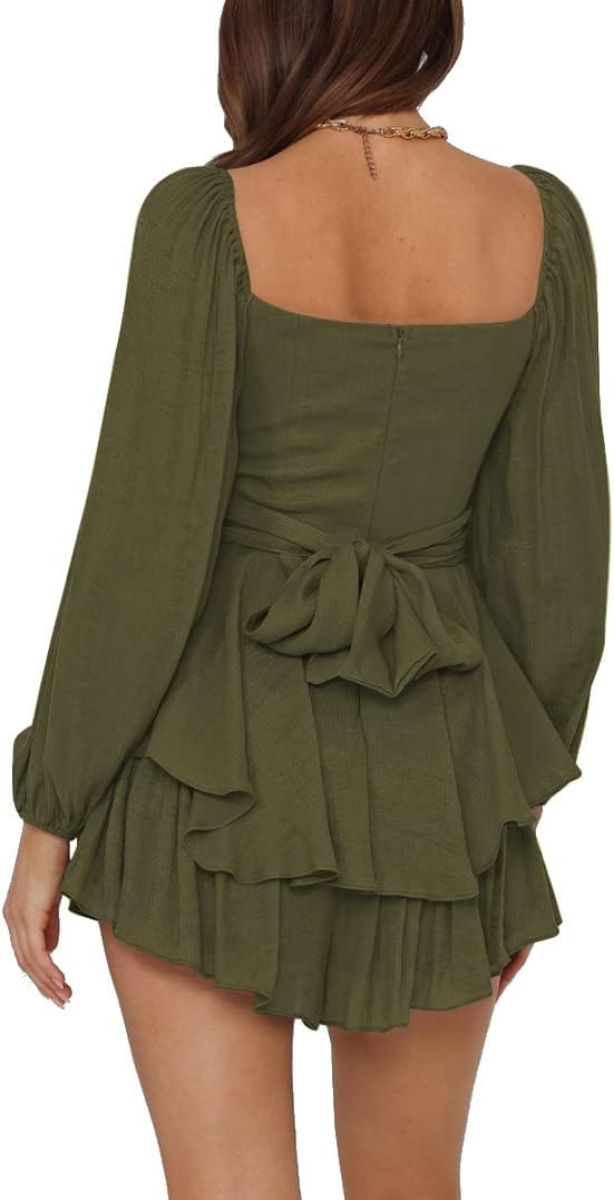 LYANER Women's Jumpsuit Lantern Long Sleeve Ruffle Layer Tie Mini Short Romper - Image 2