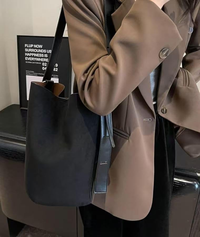 Image of Women Suede Bucket Shoulder Bag Fashion Vegan Leather Slouchy Hobo Bag Office Tote Handbag Crossbody Designer Purse